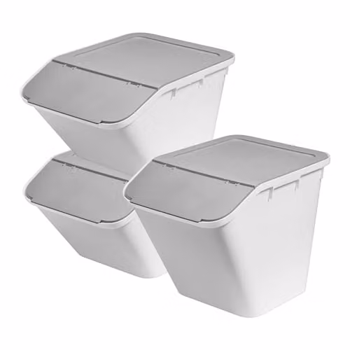 SmartStore Collect Stack-it Set of 3 Multipurpose Waste Sorting Recycling Bins with Flip Lids, Grey and White