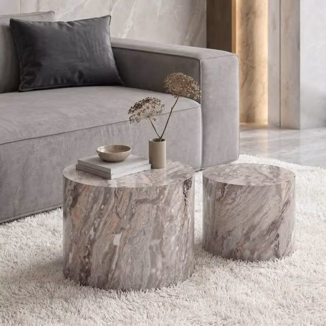 OHS Set of 2 Round Marble Effect Coffee Tables in Grey