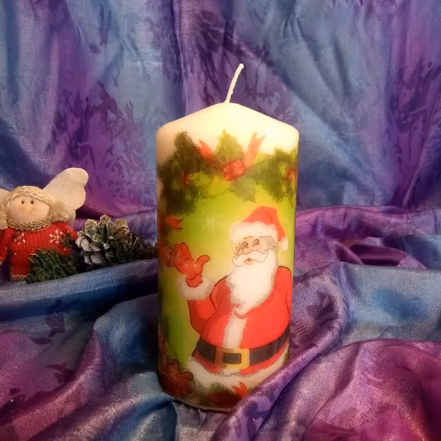 Viki Christmas Santa Pillar Candle in White and Multicolour