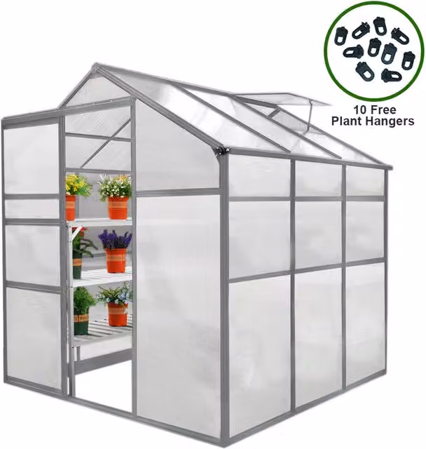 MonsterShop Silver Polycarbonate Greenhouse with Sliding Windows and Aluminium Frame