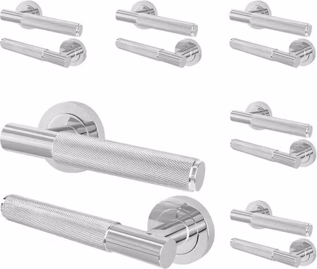 AFIT Polished Chrome Knurled Lever Door Handles with Round Rose, 6 Pairs, Silver – 1