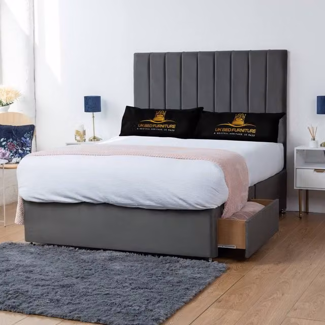UK Bed Furniture Ashford Divan Bed with 2 Drawers and 26 Inch Headboard in Charcoal Grey, Size: King (W/D: 180 x 200 cm)