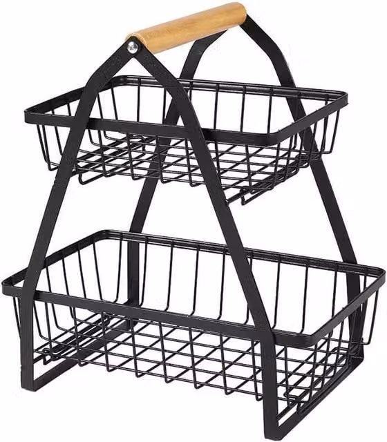 PAWNORA 2 Tier Black Metal Wire Fruit Basket Stand Rack