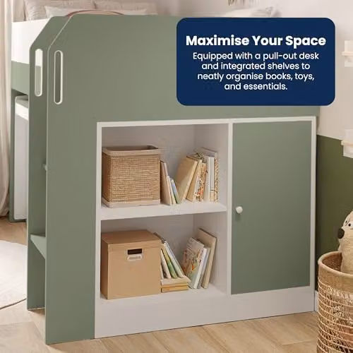 Flair Furnishings Kids Mid Sleeper Cabin Bed with Stairs and Storage in White and Green – 4