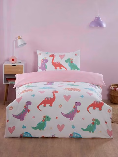 Rapport Home Dino Daisy Kids Microfibre Reversible Duvet Cover and Pillowcase Set, Multicolour, W/D/H: 180 x 120 x 40 cm
