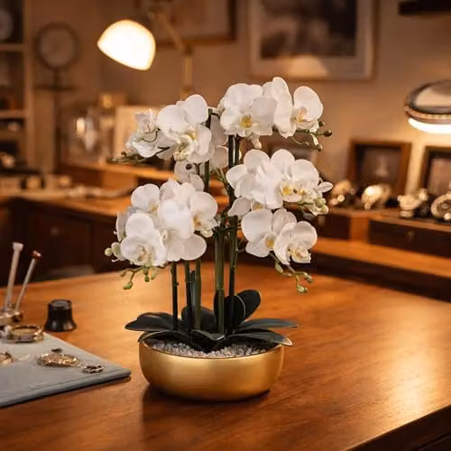 Leaf Design UK Realistic White and Gold Artificial Orchid in a Green Ceramic Planter, Height: 60 cm – 2