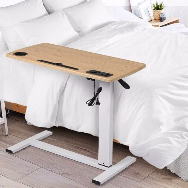 Levede Height Adjustable Electric Standing Desk and Over Bed Laptop Table with USB, White