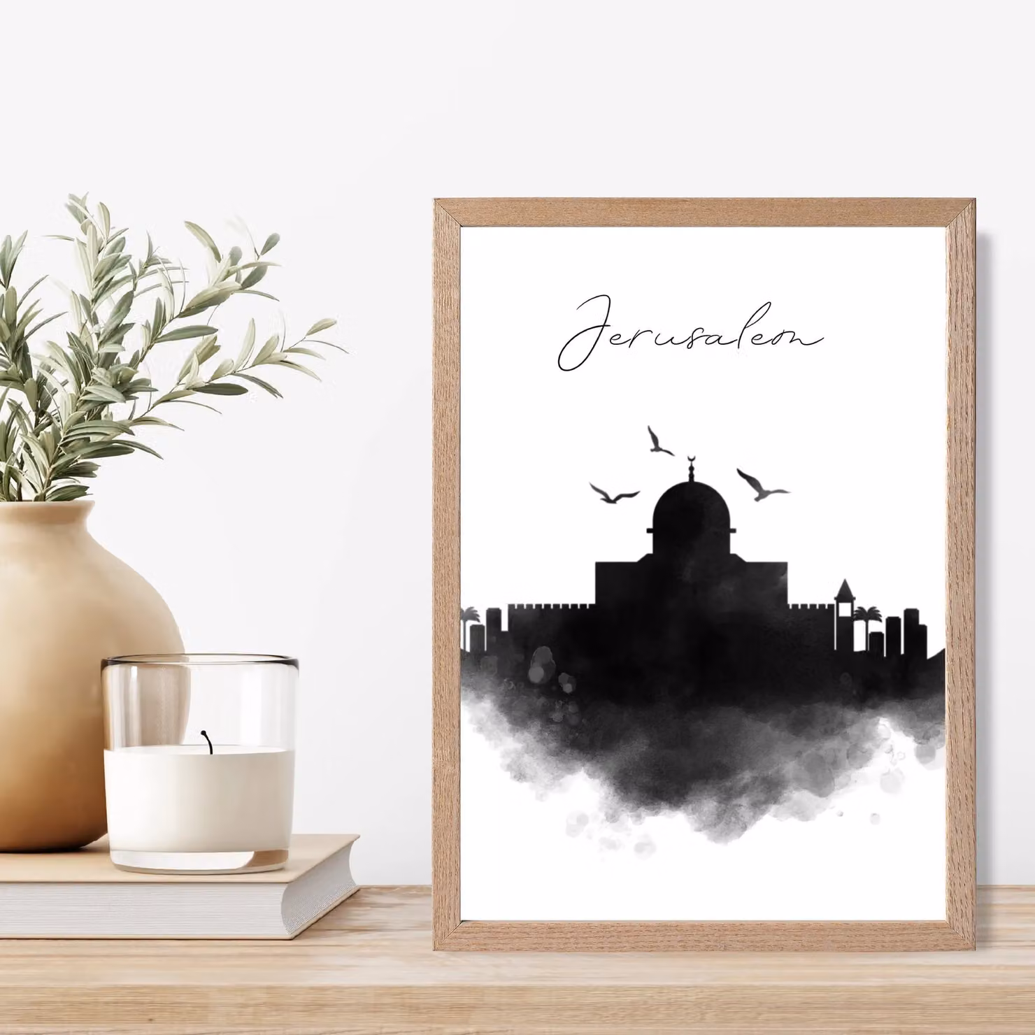 ARTZE Jerusalem Watercolour Skyline City Framed Print in Black with Oak Frame – 2