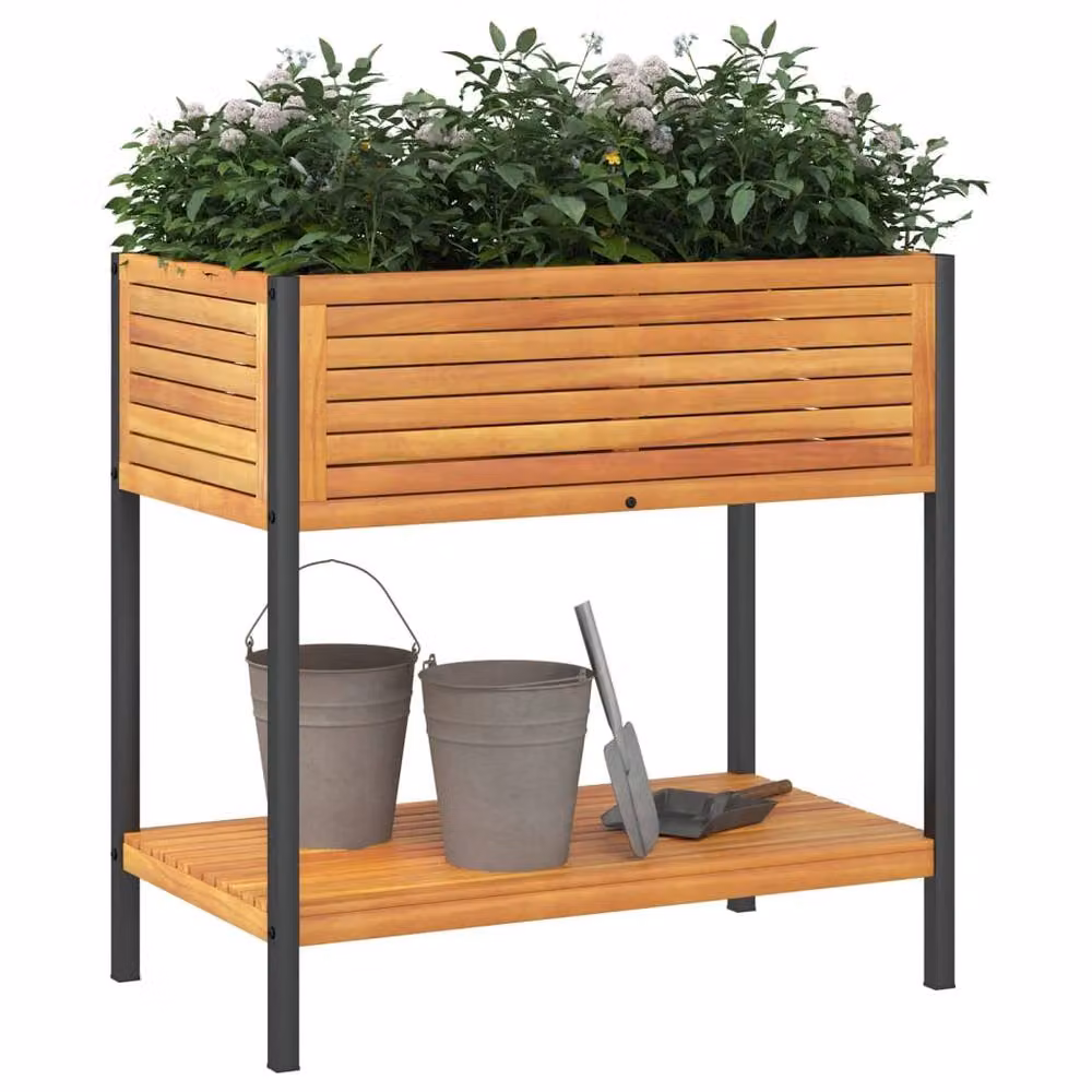 Berkfield Home Garden Planter with Shelf in Brown Acacia Wood and Steel, W/D/H: 80 x 45 x 80 cm – 3