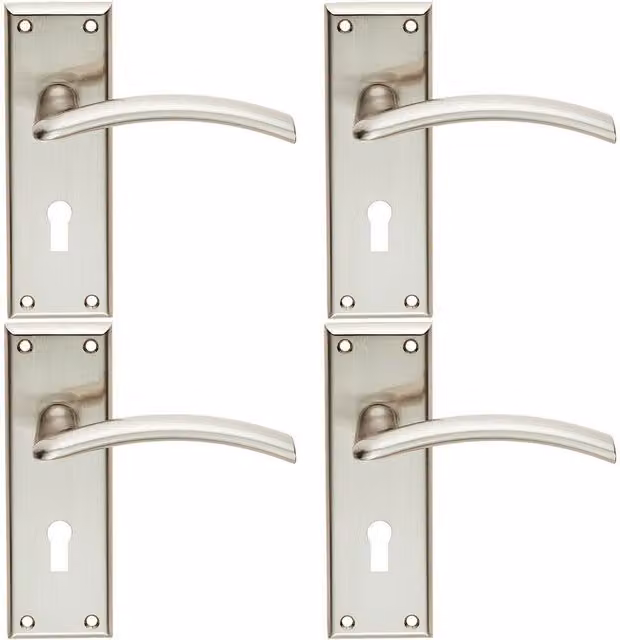 Loops 4x Pair Arched Lever on Lock Backplate Door Handle in Satin Nickel, W: 150 mm, H: 50 mm