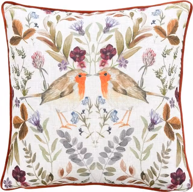Evans Lichfield Mirrored Robin Watercolour Printed Square Cushion in Orange, W/D/H: 43 x 43 x 43 cm – 1