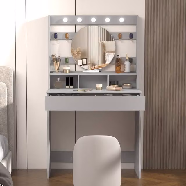 KEEPREAPER Modern Grey Dressing Table with Hollywood LED Lights – 1