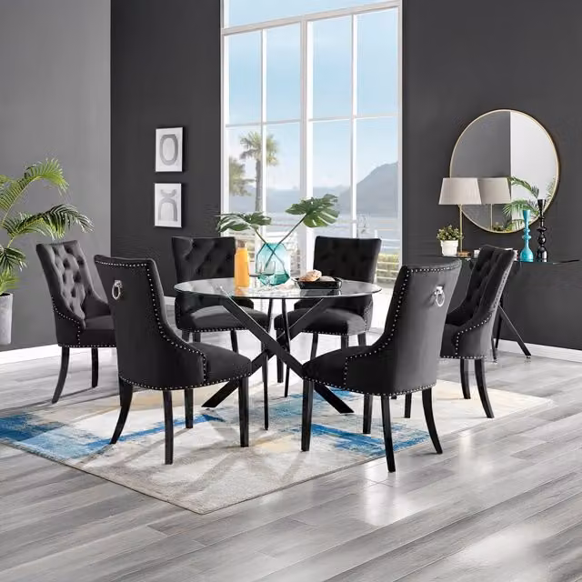 FurnitureboxUK Novara Round Glass Dining Table with 6 Belgravia Black Leg Chairs, Black, Diameter: 120 cm