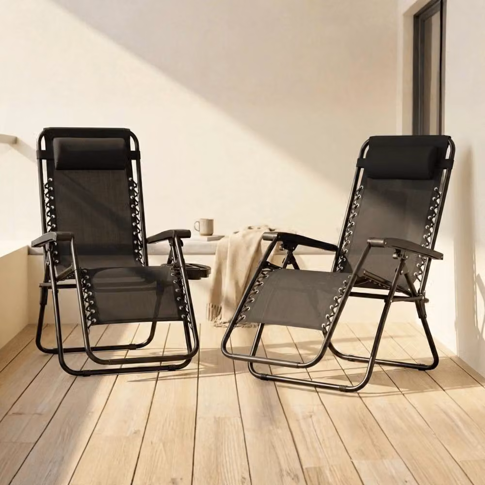 NESTLUNE Set of 2 Reclining Outdoor Garden Sun Loungers in Black with Adjustable Headrests and Cup Holders – 3