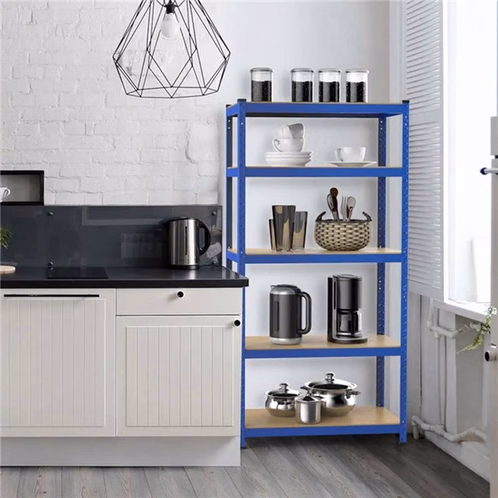 KORVIXA 5-Tier Freestanding Metal and MDF Storage Shelving Unit in Blue – 3