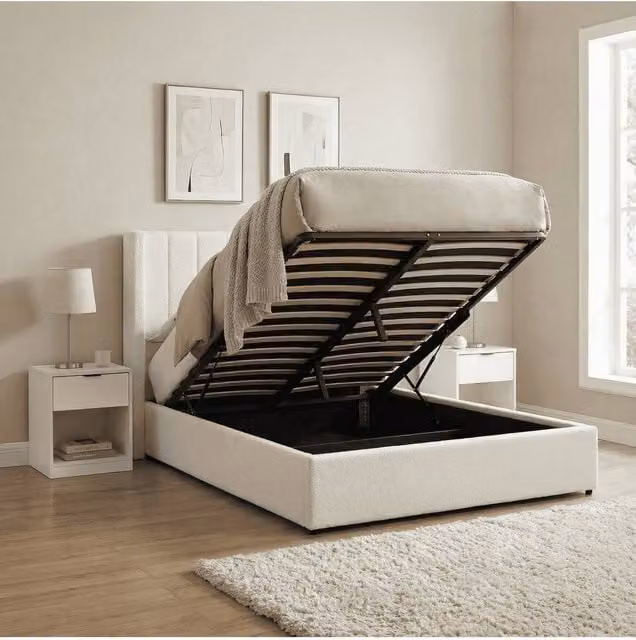 Home Source Ottoman Storage Bed in White Upholstered Boucle Fabric, W/D/H: 180 x 200 cm