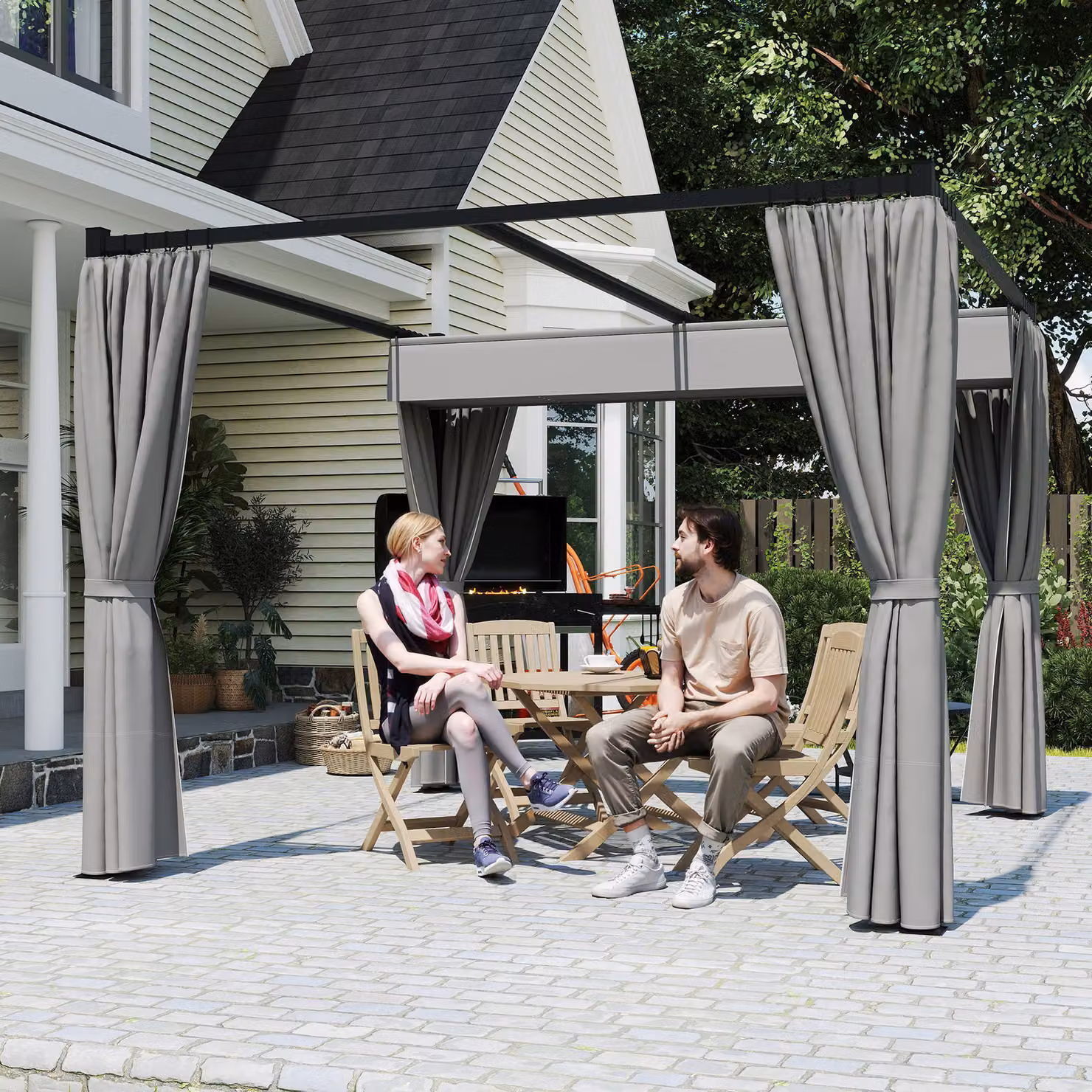 Outsunny Retractable Pergola Garden Gazebo Shelter with Curtains, Light Grey, W: 300 cm, D: 300 cm, H: 227 cm – 8