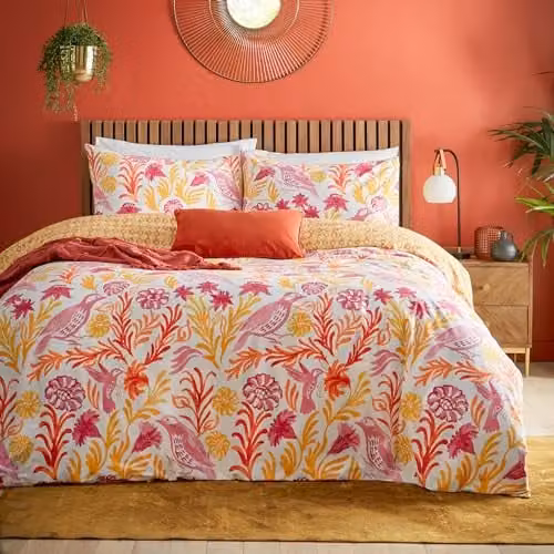 Furn Alentejo Floral Bird Reversible Duvet Cover Set in Orange, White and Multicolour, W: 140 cm, H: 200 cm