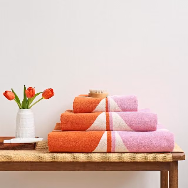 Orla Kiely Stem Bloom Duo Cotton Terry Towel Set in Pink, Orange and Yellow Floral Design