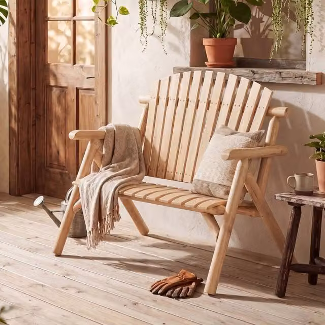 KORVIXA Solid Wood Outdoor Loveseat in Natural Brown and Beige, W/D/H: 100 x 100 x 100 cm