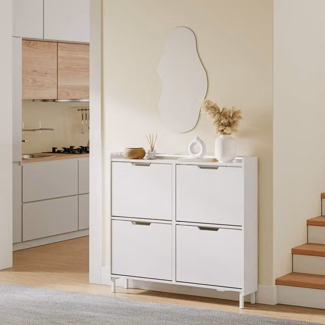 SoBuy Modern Slim White Shoe Cabinet with Tilting Compartments and Integrated Lighting