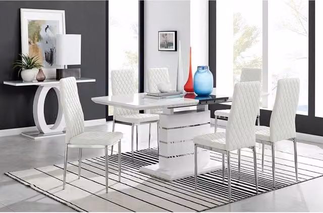 FurnitureboxUK Renato High Gloss Extending Kitchen Dining Table and 8 Milan Chairs in White