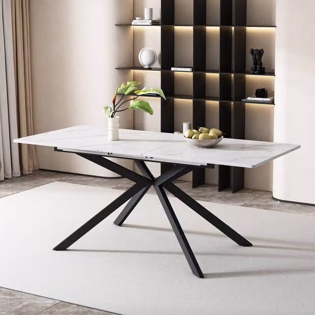 Matteo Extendable Rectangular Dining Table in Black and White Marble Effect Glossy MDF – 1