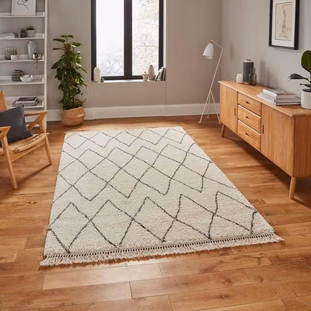 Terrys Boho Moroccan Shaggy Rectangular Rug in Cream, Grey and White, W: 80 cm, D: 150 cm