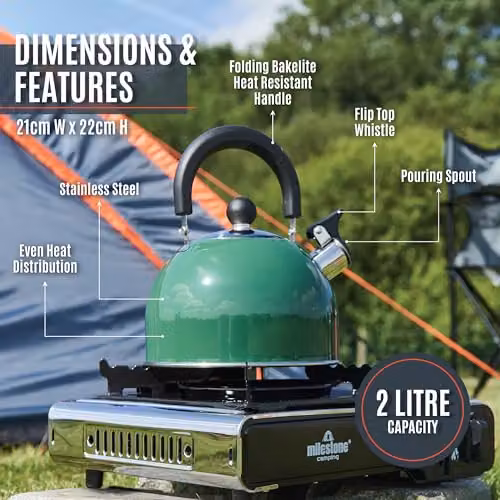 Milestone Camping 2L Whistling Enamel Camping Kettle in Green with Heat-Resistant Folding Handle – 2