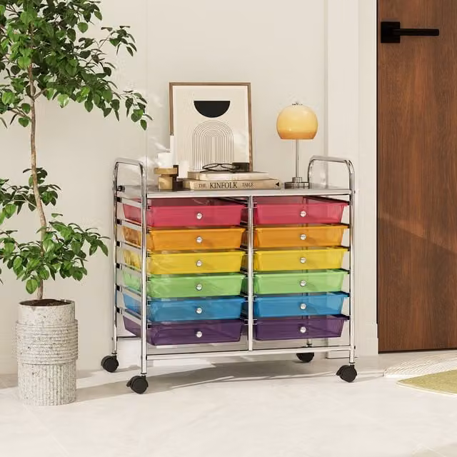 COSTWAY Utility Storage Cart with 12 Drawers, Transparent Multicolour