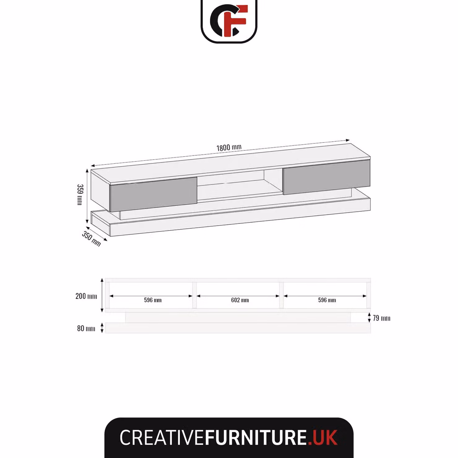 Creative Furniture Bloom Grey Gloss TV Unit W: 180 cm, D: 35 cm, H: 36 cm – 2
