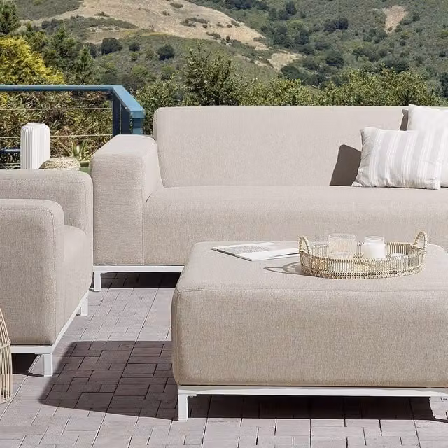 Wyld and Coco Elara Beige Outdoor and Indoor Ottoman in Water Resistant Polyester and Metal – 1
