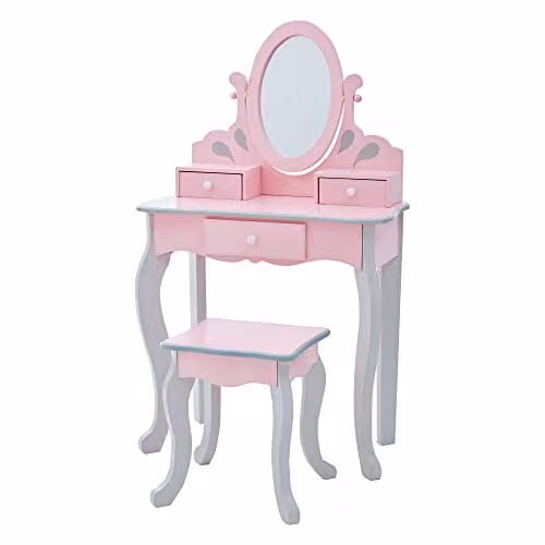 Teamson Kids Princess Rapunzel Wooden 2-Piece Play Vanity Set with Rotating Oval Mirror, Three Storage Drawers and Matching Stool in Pink, Grey and White – 1