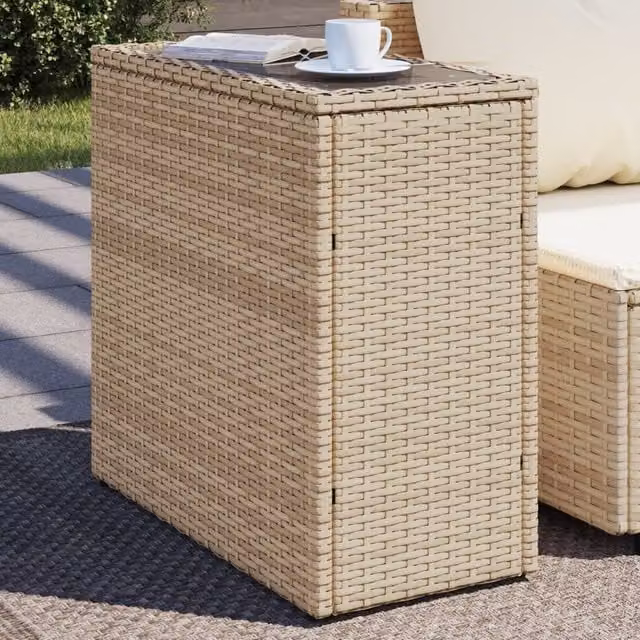 Berkfield Home Beige Poly Rattan Garden Side Table with Glass Top, W: 58 cm, D: 27.5 cm, H: 55 cm