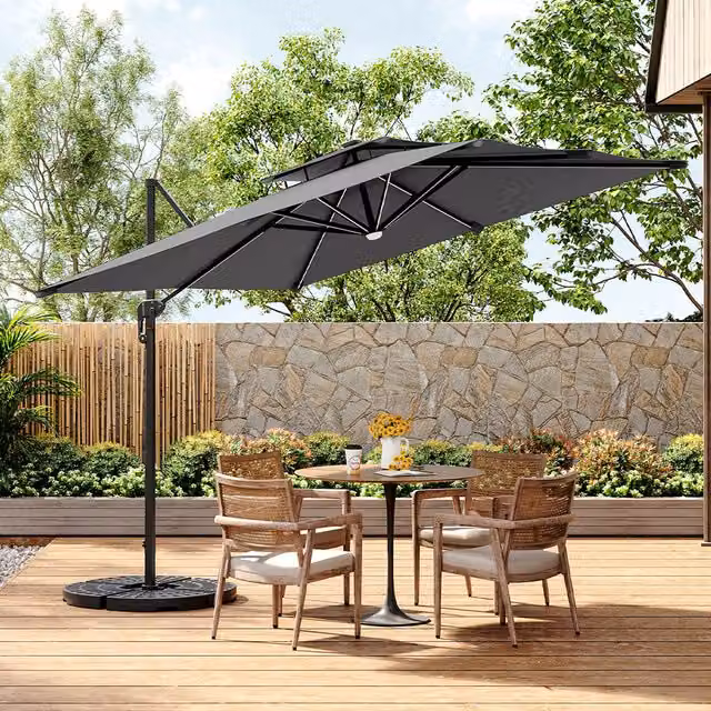 Livingandhome 3m Lighted Cantilever Garden Parasol with UPF 30 Protection in Dark Grey