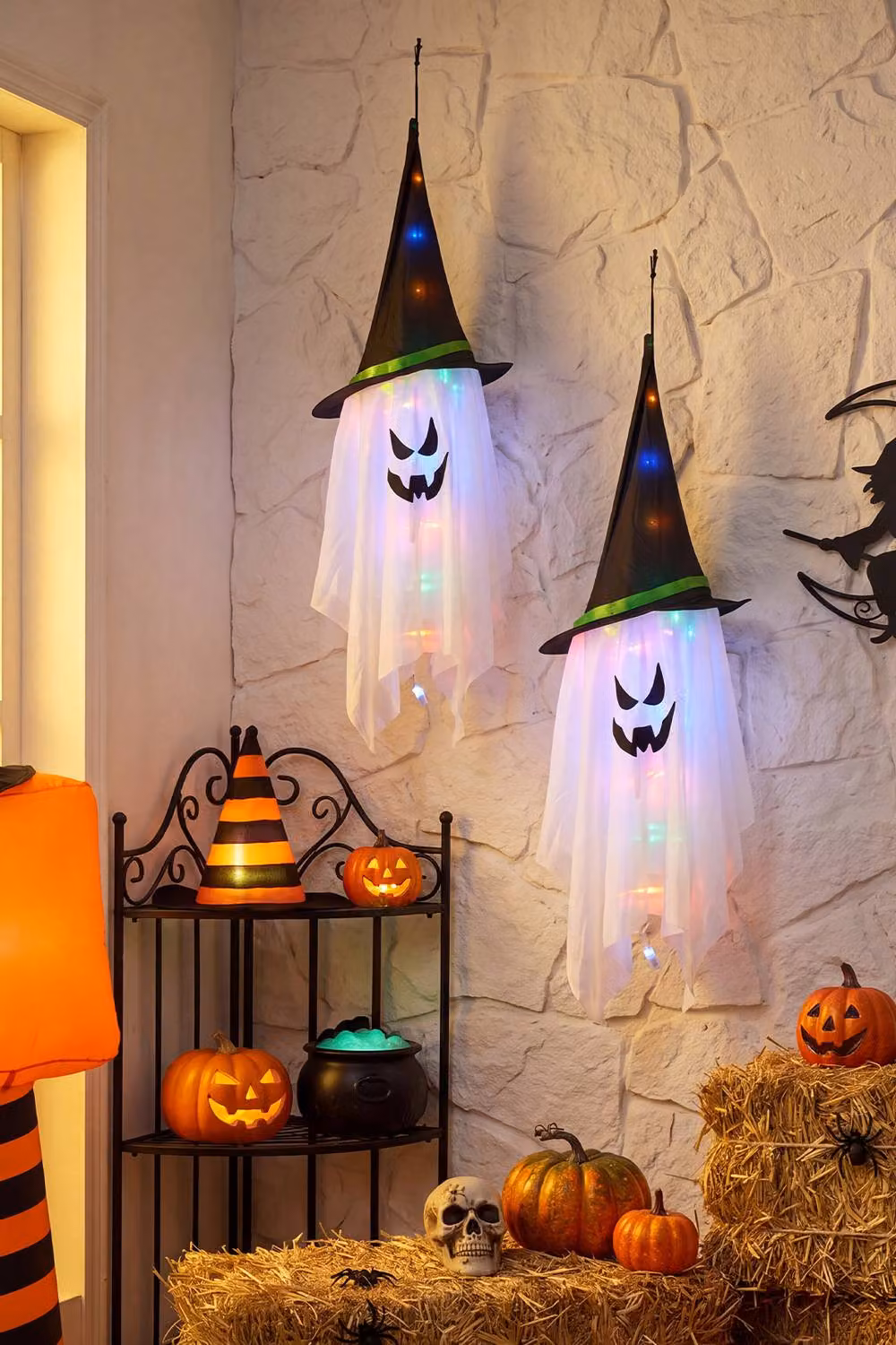 Living and Home Set of 2 Halloween LED Glowing Ghost Figures with Witch Hats in White and Purple – 3