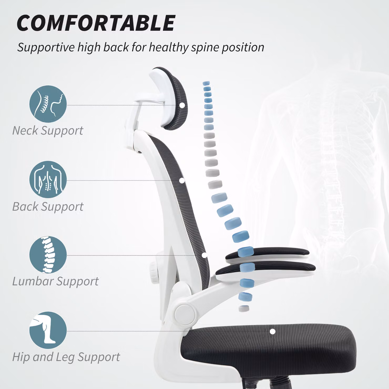 HOMCOM Executive Office Chair, Ergonomic Black Mesh Desk Chair with High Back, Rotatable Headrest and Adjustable Lumbar Support – 4