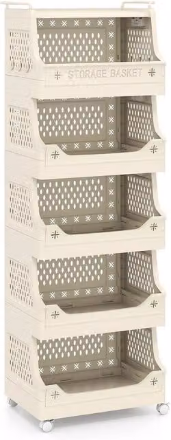 Havendro 6 Tier Rolling Stackable Plastic Laundry Storage Cart with Wheels, Beige