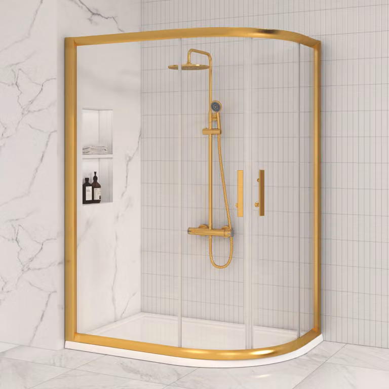 Royal Bathrooms Venice Reversible Offset Quadrant Shower Enclosure with 6mm Glass in Gold/Brushed Brass, W: 100 cm x D: 80 cm