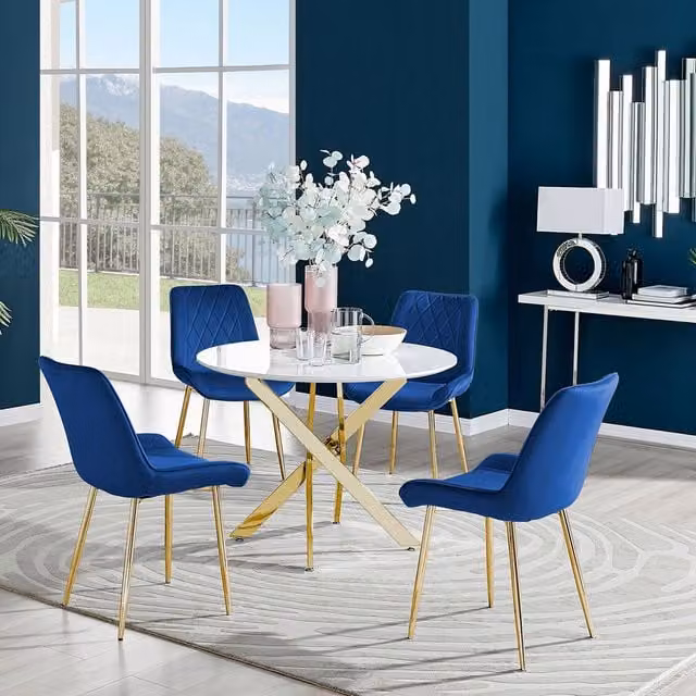 FurnitureboxUK Novara Round White Gloss Dining Table with Glass Top and 4 Pesaro Navy Blue Chairs with Gold Metal Legs