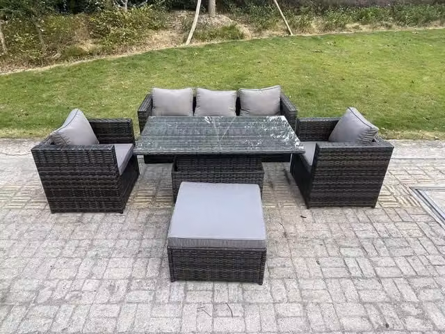 Fimous Rattan Garden Furniture Sofa and Adjustable Rising Lifting Dining Table Set in Dark Grey