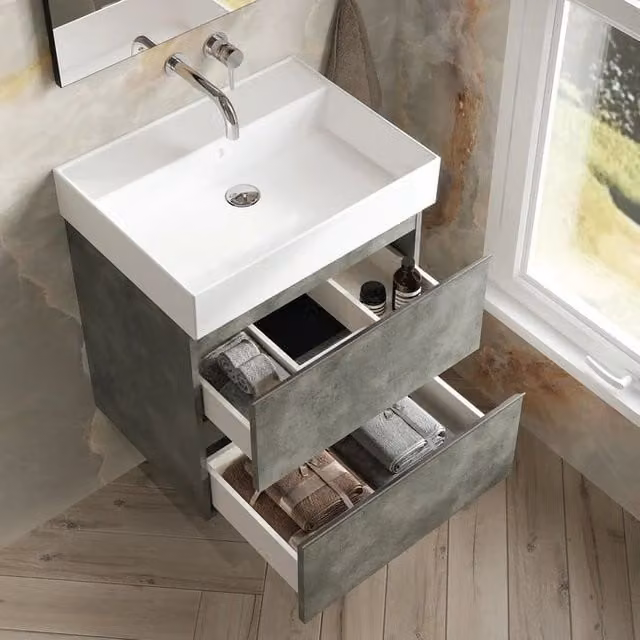 Banyetti Vatilla 800mm Wall Hung Vanity Unit with Veneto 1 Tap Hole Basin, Cemento Grey, W: 80.0 cm, D: 45.0 cm, H: 59.0 cm