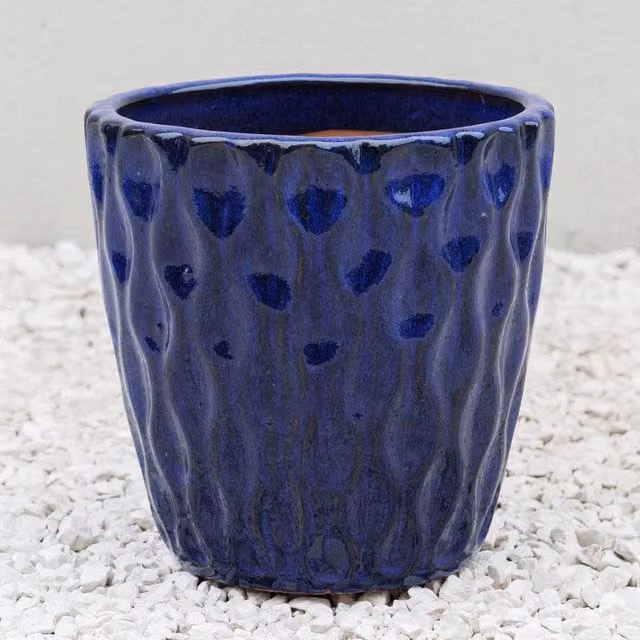 Primrose Blue Tapered Round Petal Effect Glazed Clay Garden Planter, Diameter: 27 cm