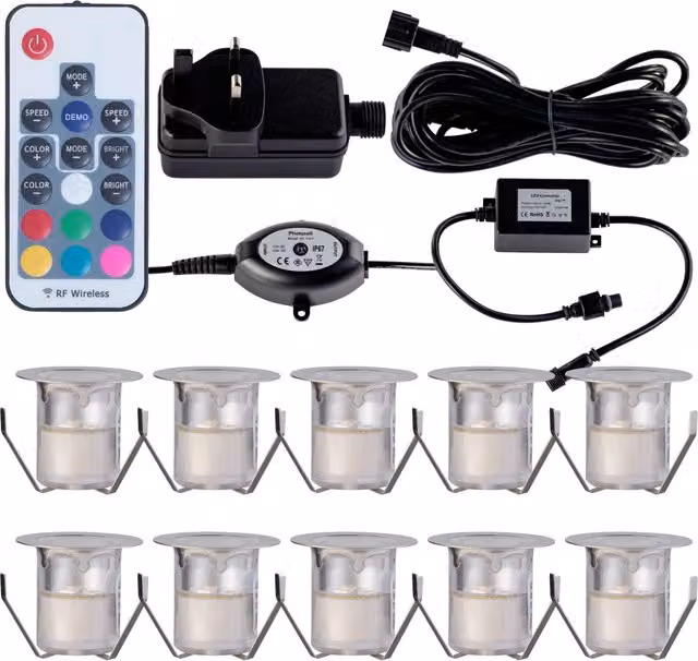 First Choice Lighting Set of 10 Colour Changing RGB LED Decking Kit in Silver with Photocell and Remote Control – 1