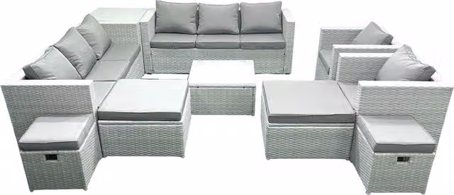 Fimous Garden 12 Seater Rattan Outdoor Furniture Set with 4 Footstools and Side Table in Light Grey