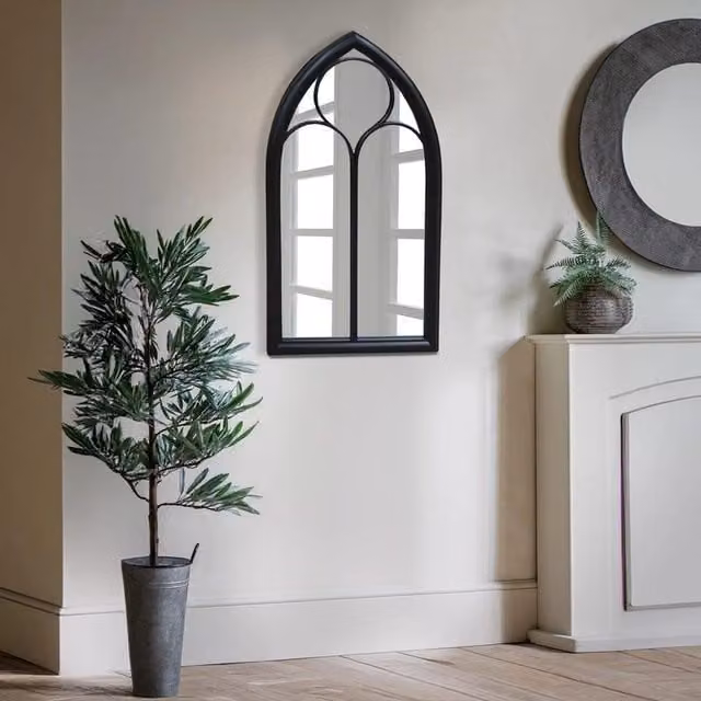 Biznest Vintage Style Arched Top Wall Mount Plastic Framed Mirror, Black, W: 90 cm, H: 60 cm
