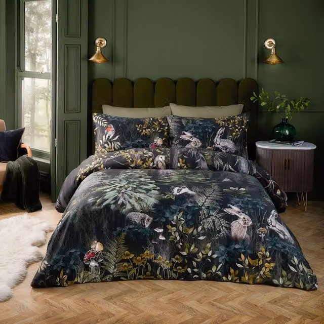 Paoletti Sherwood Forest Green 100% Cotton Floral Printed Duvet Cover Set, W: 180 cm x L: 200 cm