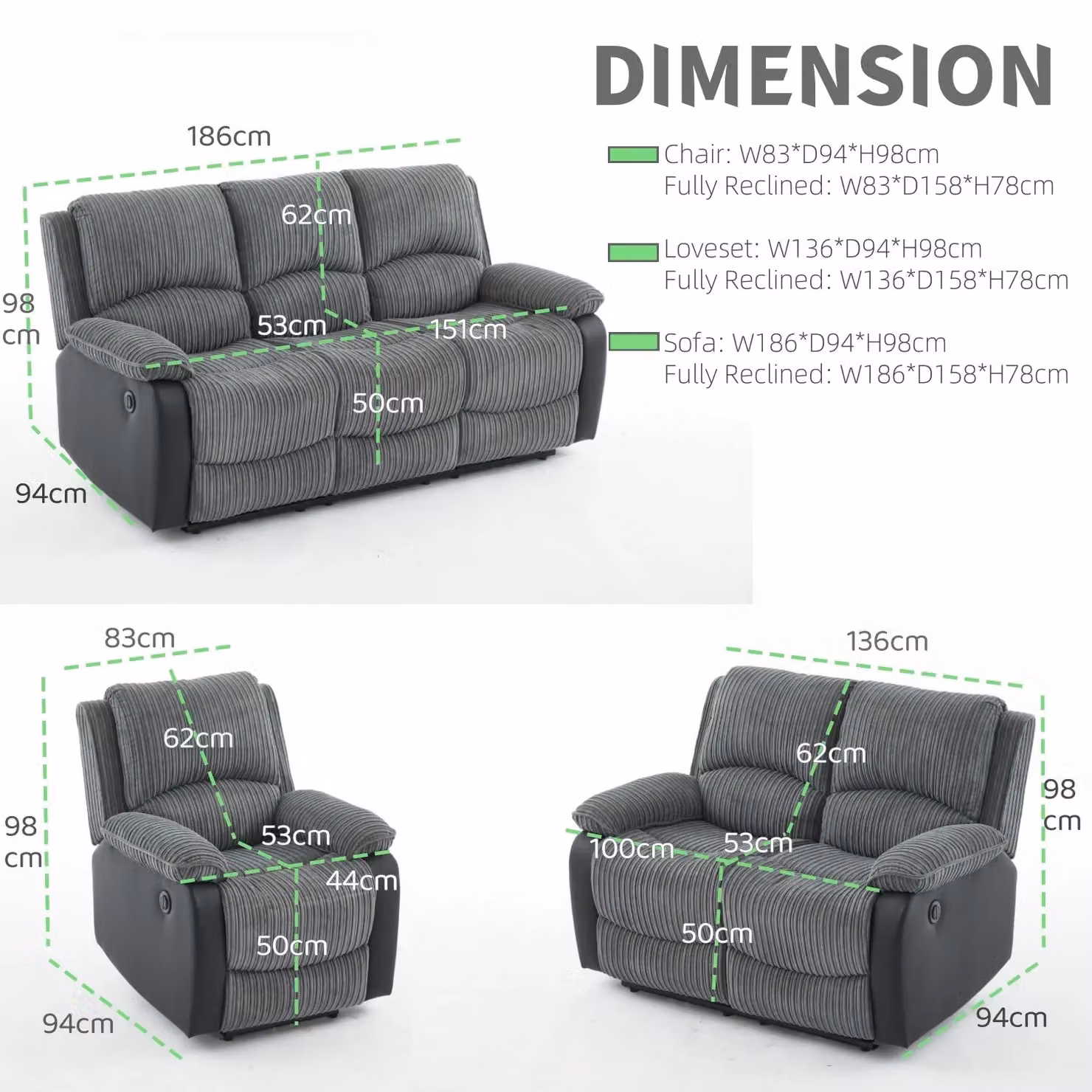 FURNITURE ONE Electric Reclining Corduroy Fabric Loveseat in Grey – 3