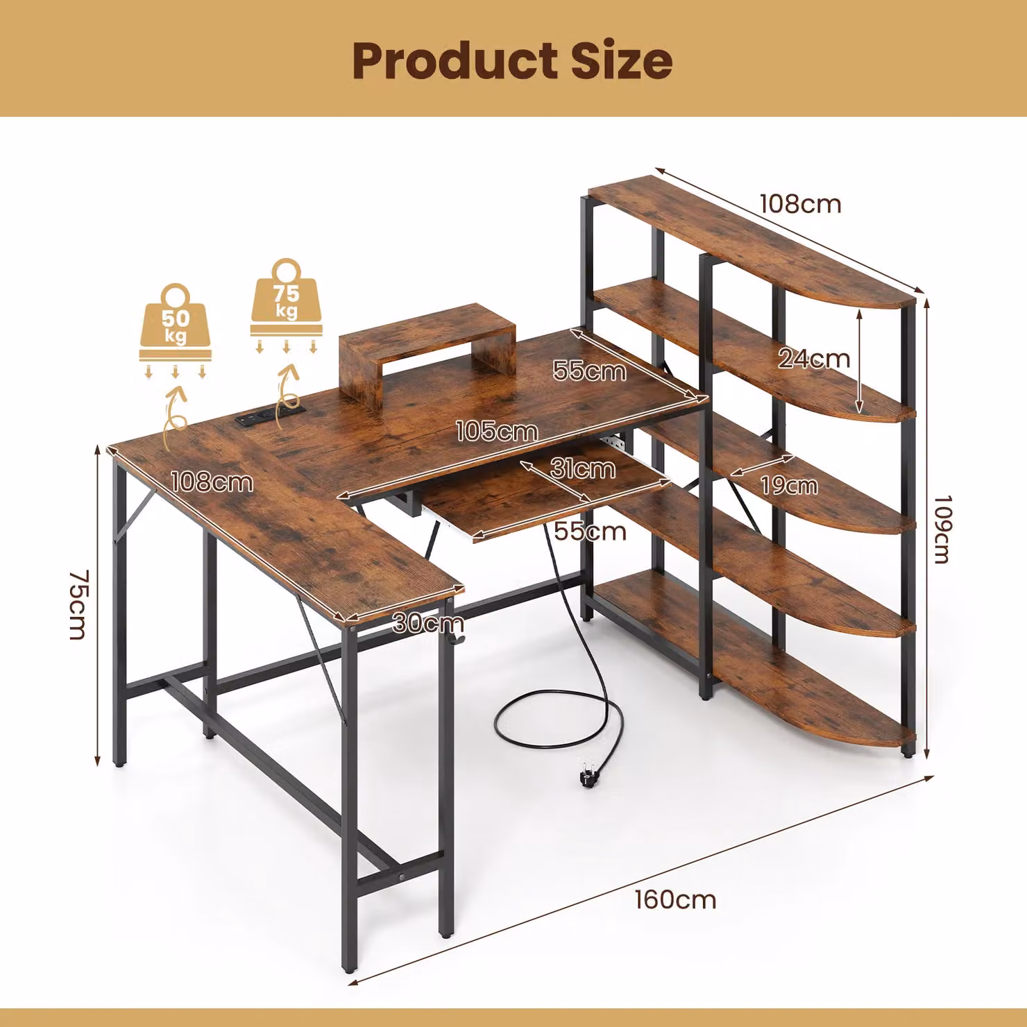 Gymax L-Shaped Corner Computer Desk with Storage Shelves in Brown – 2