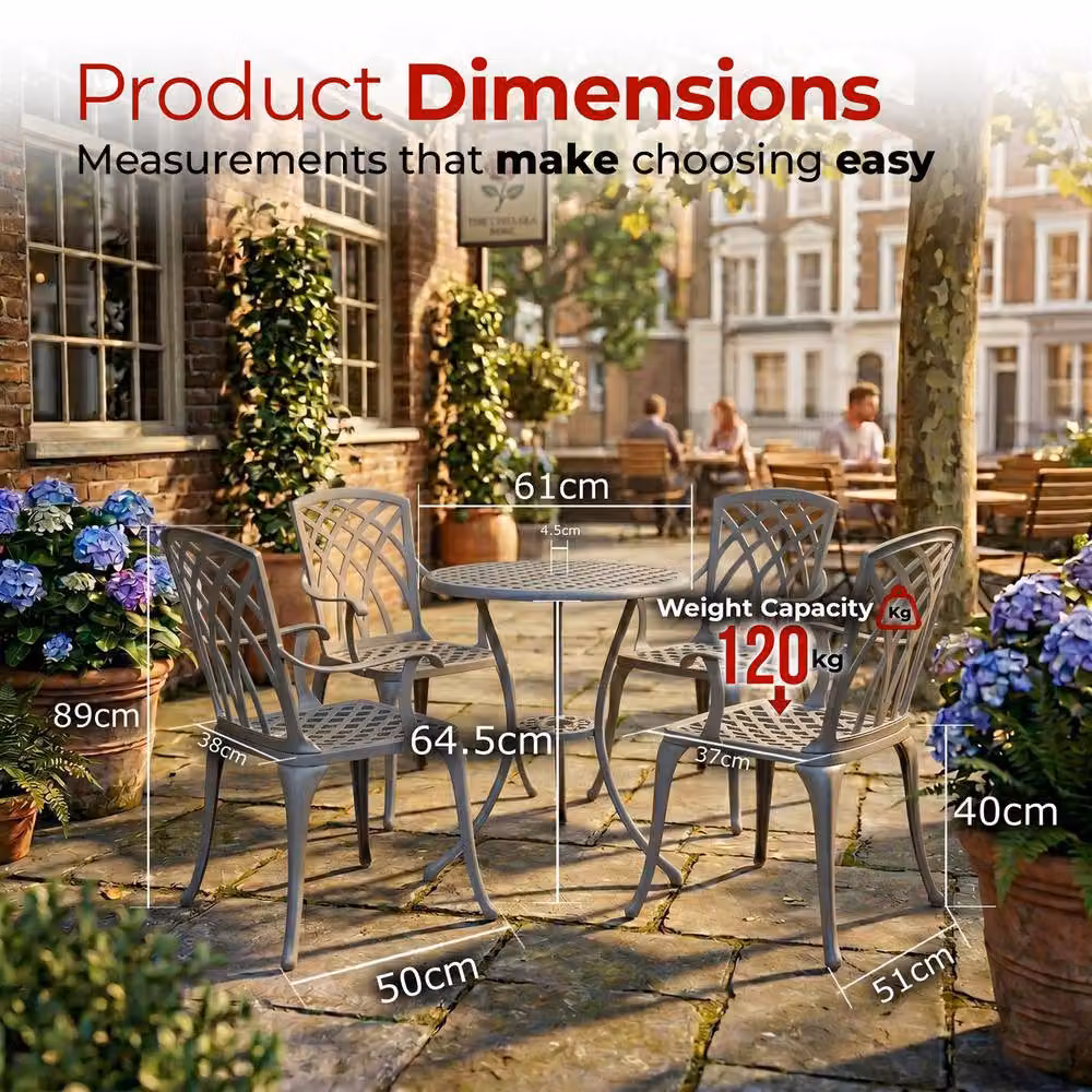 Centurion OSHOWA 5-Piece Cast Aluminium Bistro Set in Grey with Round Table and 4 High-Backed Armchairs – 5